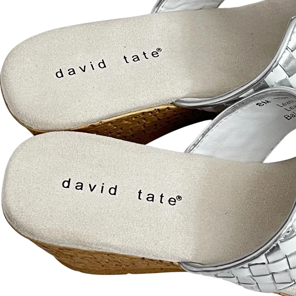 David Tate‎ Moderno Slip On Wedges Sandals Leather Upper Open Toe Silver